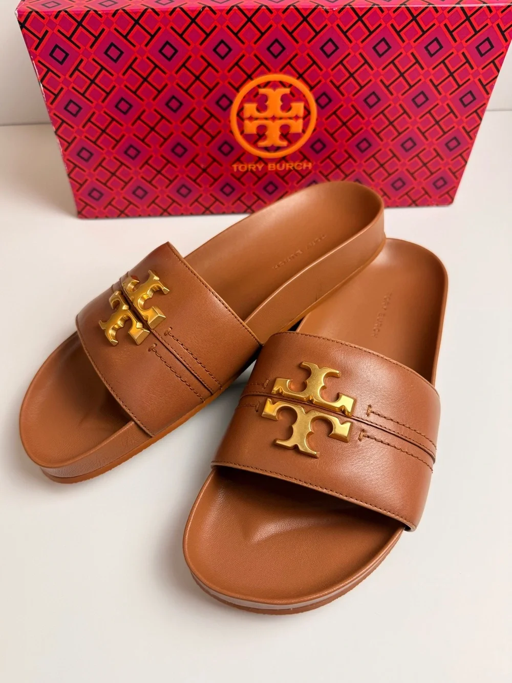 Tory Burch Everly Anatomic Cloud Slide Sandals Ambra Brown Leather Gold Logo 8